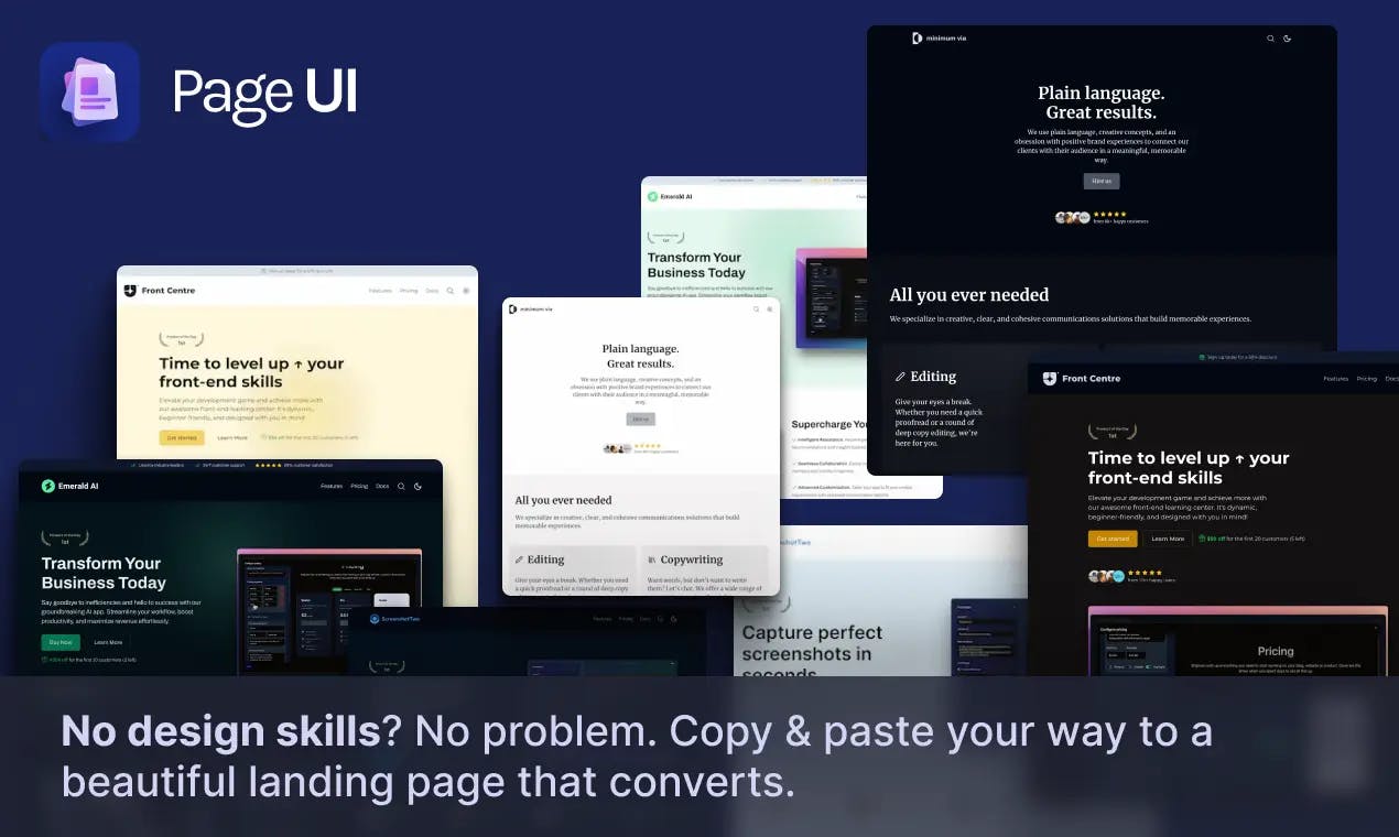 Screenshot of Page UI - a collection of templates, components and examples to create beautiful, high-converting landing pages with React and Next.js. Open source & themeable with Tailwind CSS, similar to Shadcn UI.